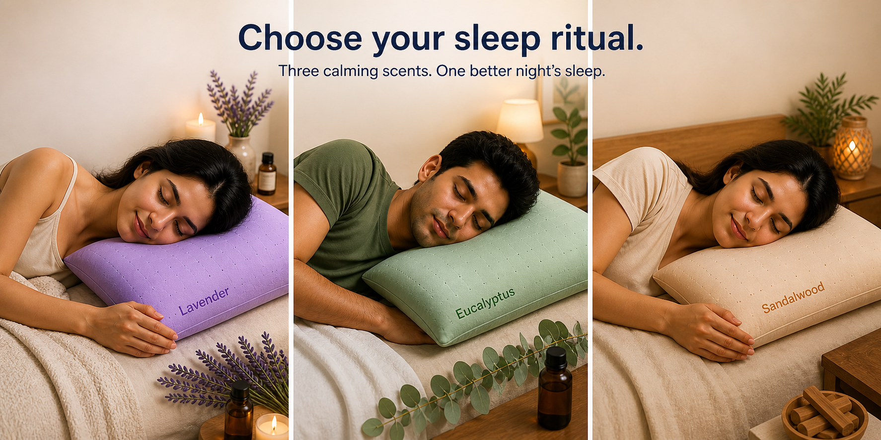 Three scent variants: lavender, eucalyptus, sandalwood